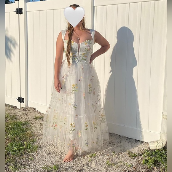 Floral Embroidered Corset A Line Fairy White tulle midi Dresses size XL - Picture 8 of 8